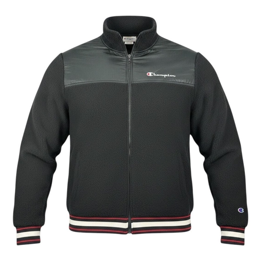 Champion Mens Sherpa Fleece Full Zip Jacket Black Varsity Striped Trim Large